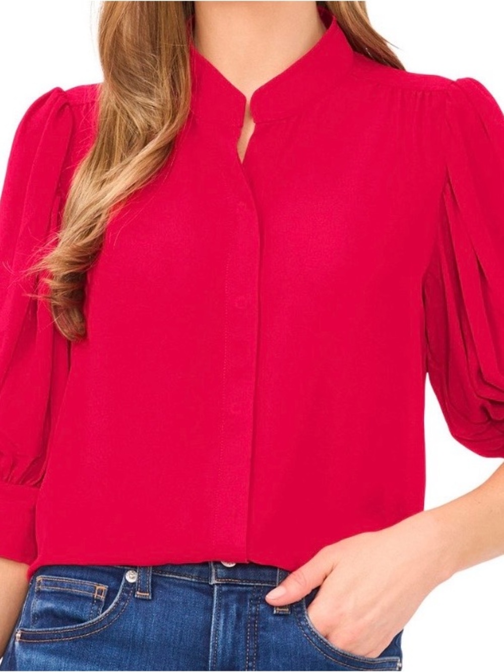 CeCe Bright Red Puff-Sleeve Button-Front Blouse